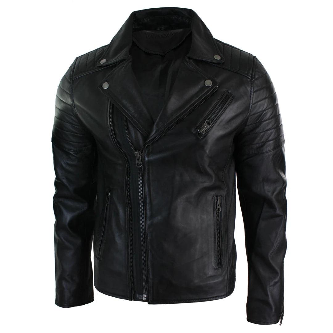 Mens Slim Fit Cross Zip Retro Vintage Brando Real Leather Jacket Vintage Biker - Knighthood Store