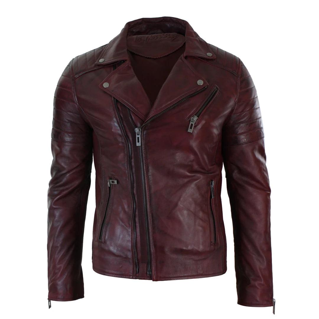Mens Slim Fit Cross Zip Retro Vintage Brando Real Leather Jacket Vintage Biker - Knighthood Store