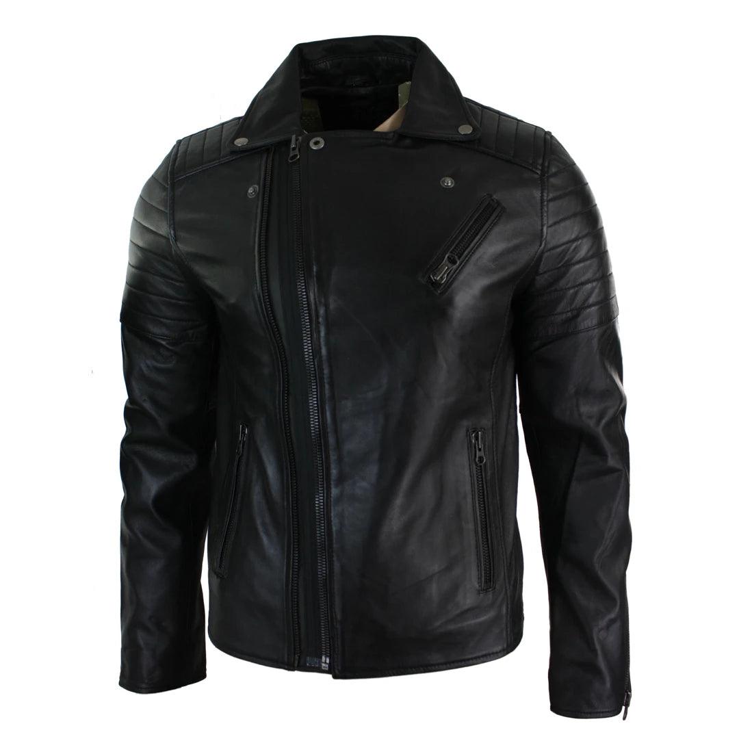Mens Slim Fit Cross Zip Retro Vintage Brando Real Leather Jacket Vintage Biker - Knighthood Store