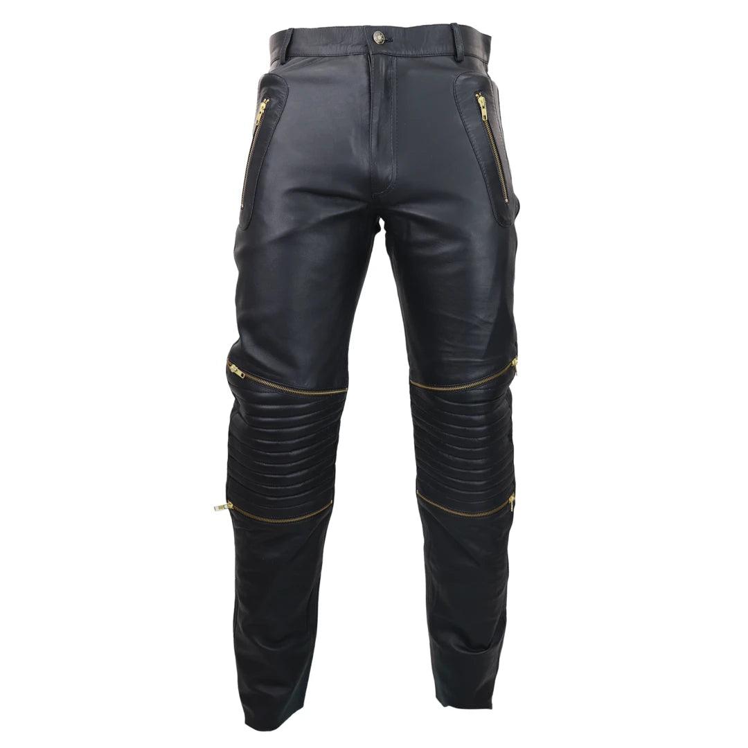Mens Black White Real Leather Jeans Gold Zips Retro Classic Vintage Goth Punk - Knighthood Store