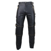 Mens Black White Real Leather Jeans Gold Zips Retro Classic Vintage Goth Punk - Knighthood Store