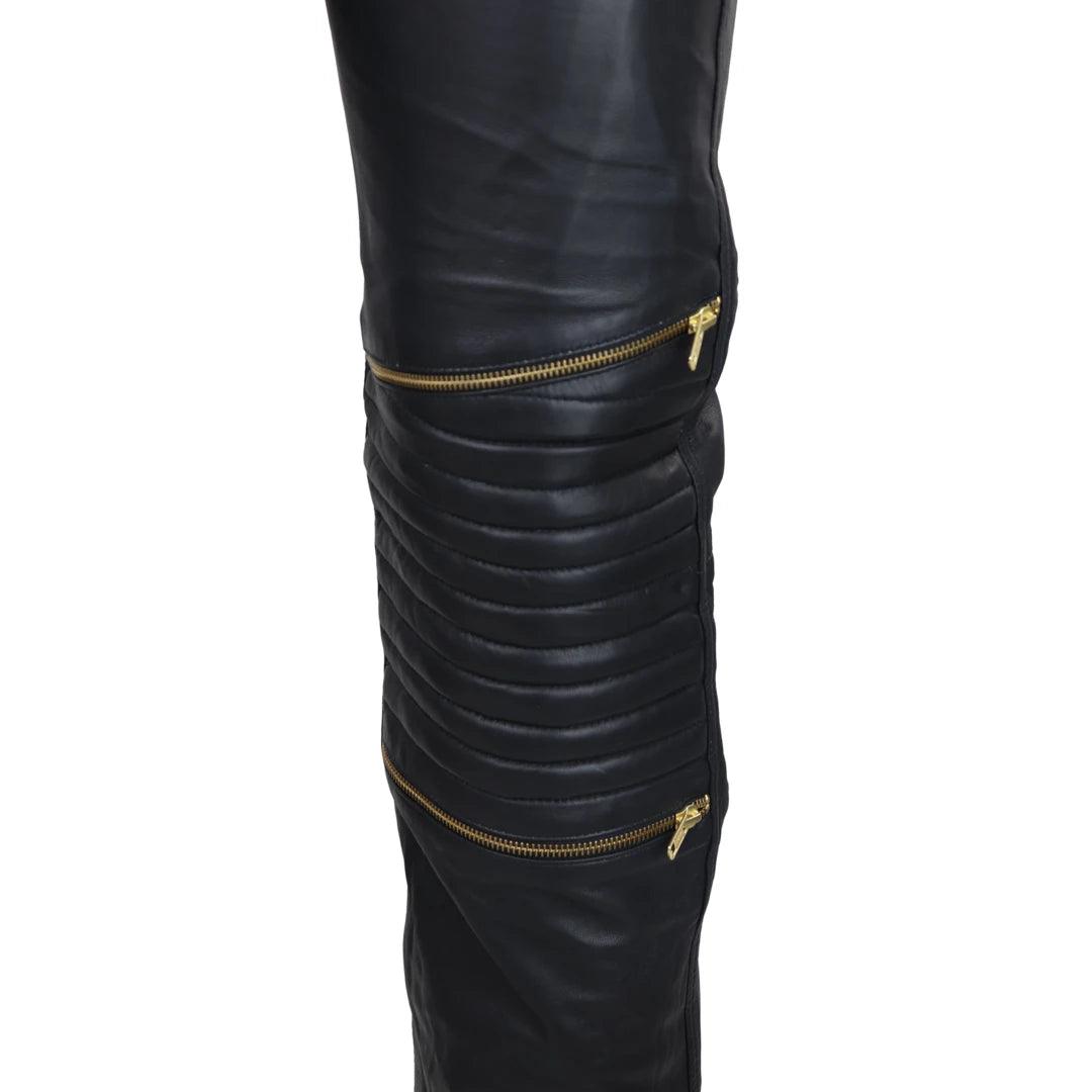 Mens Black White Real Leather Jeans Gold Zips Retro Classic Vintage Goth Punk - Knighthood Store