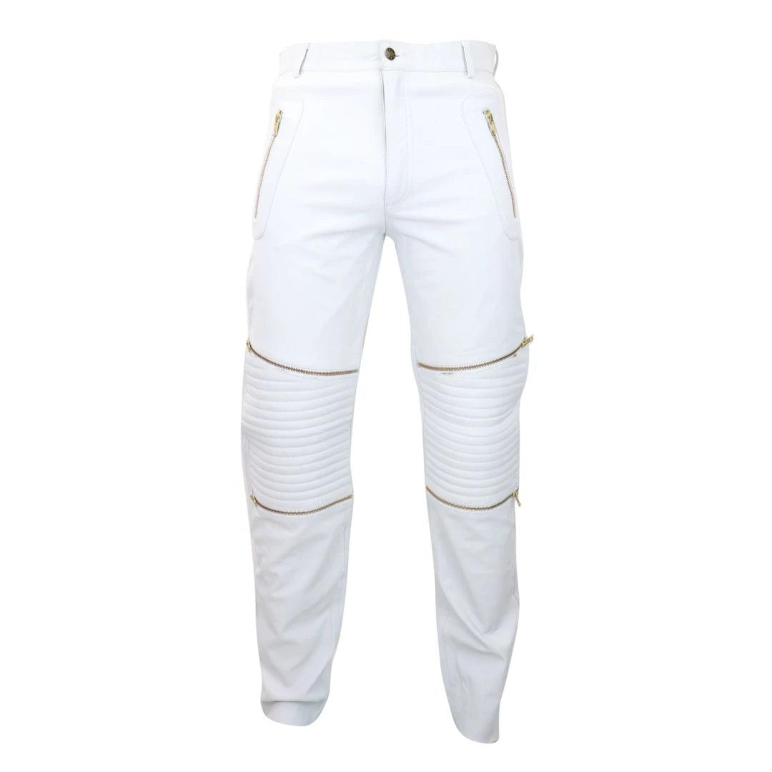 Mens Black White Real Leather Jeans Gold Zips Retro Classic Vintage Goth Punk - Knighthood Store