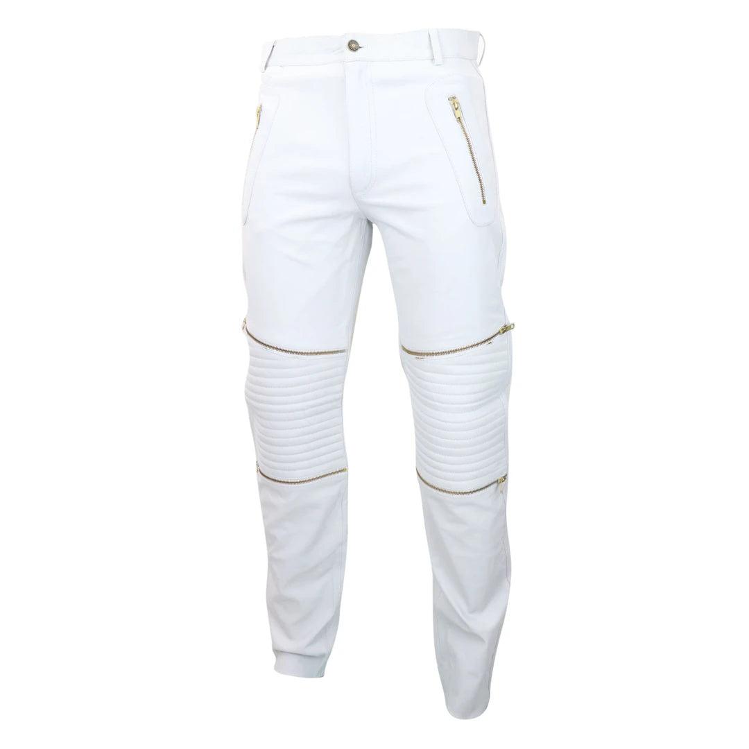 Mens Black White Real Leather Jeans Gold Zips Retro Classic Vintage Goth Punk - Knighthood Store