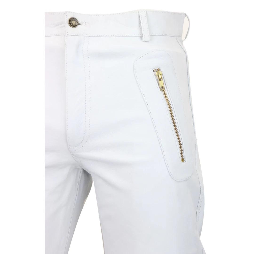 Mens Black White Real Leather Jeans Gold Zips Retro Classic Vintage Goth Punk - Knighthood Store