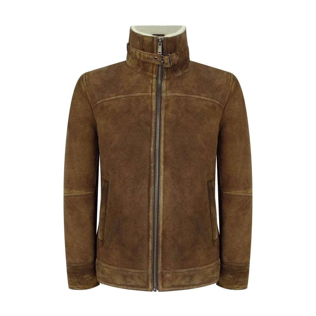 Mens Real Sherling Sheepskin Suede Jacket Brown Tan Vintage Zip Flying Pilot WW2 - Knighthood Store