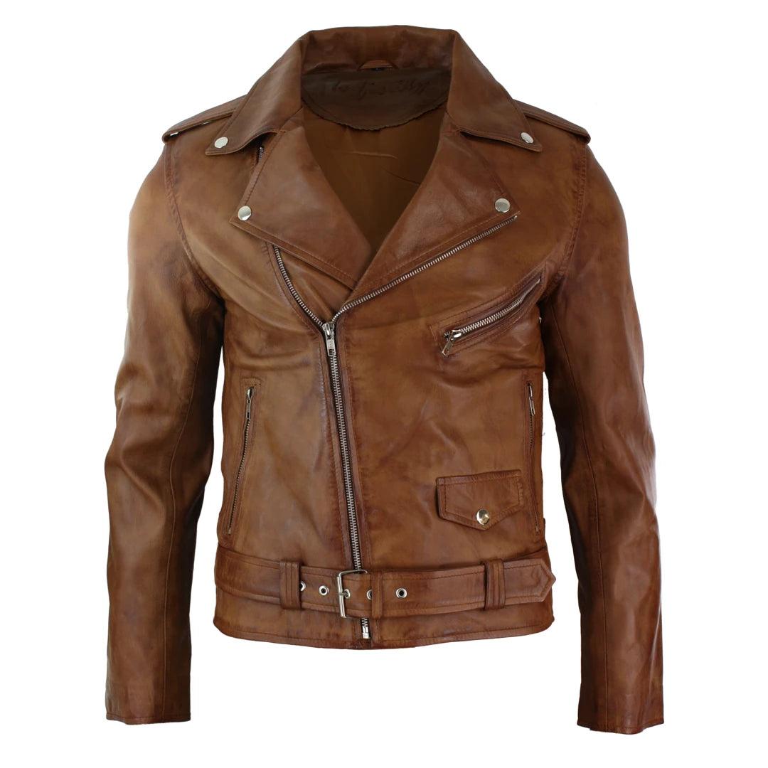 Mens Slim Fit Cross Zip Tan Brown Brando Casual Soft Real Leather Jacket - Knighthood Store