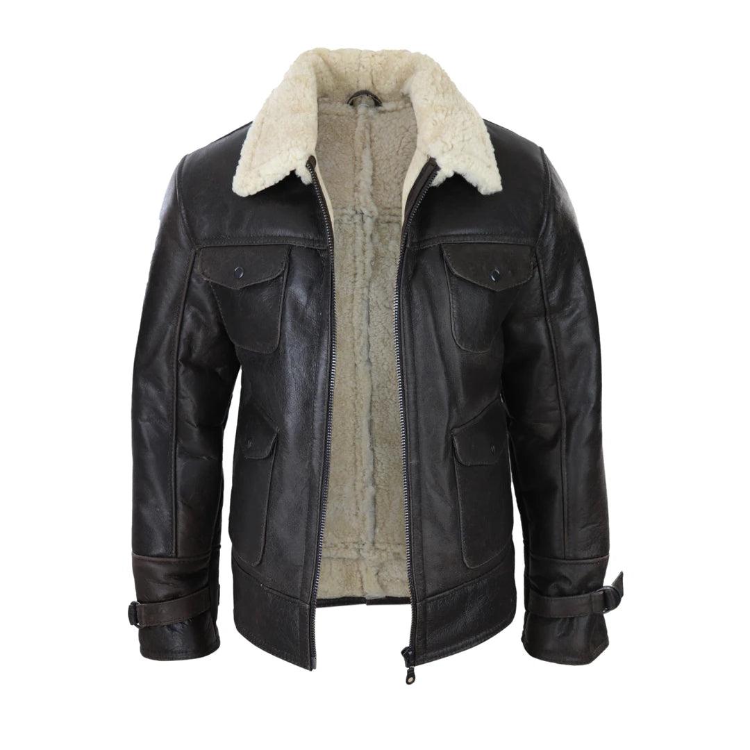 Mens Sherling Sheepsking Jacket Genuine Brown Military Warm Winter Brown Cream - Knighthood Store