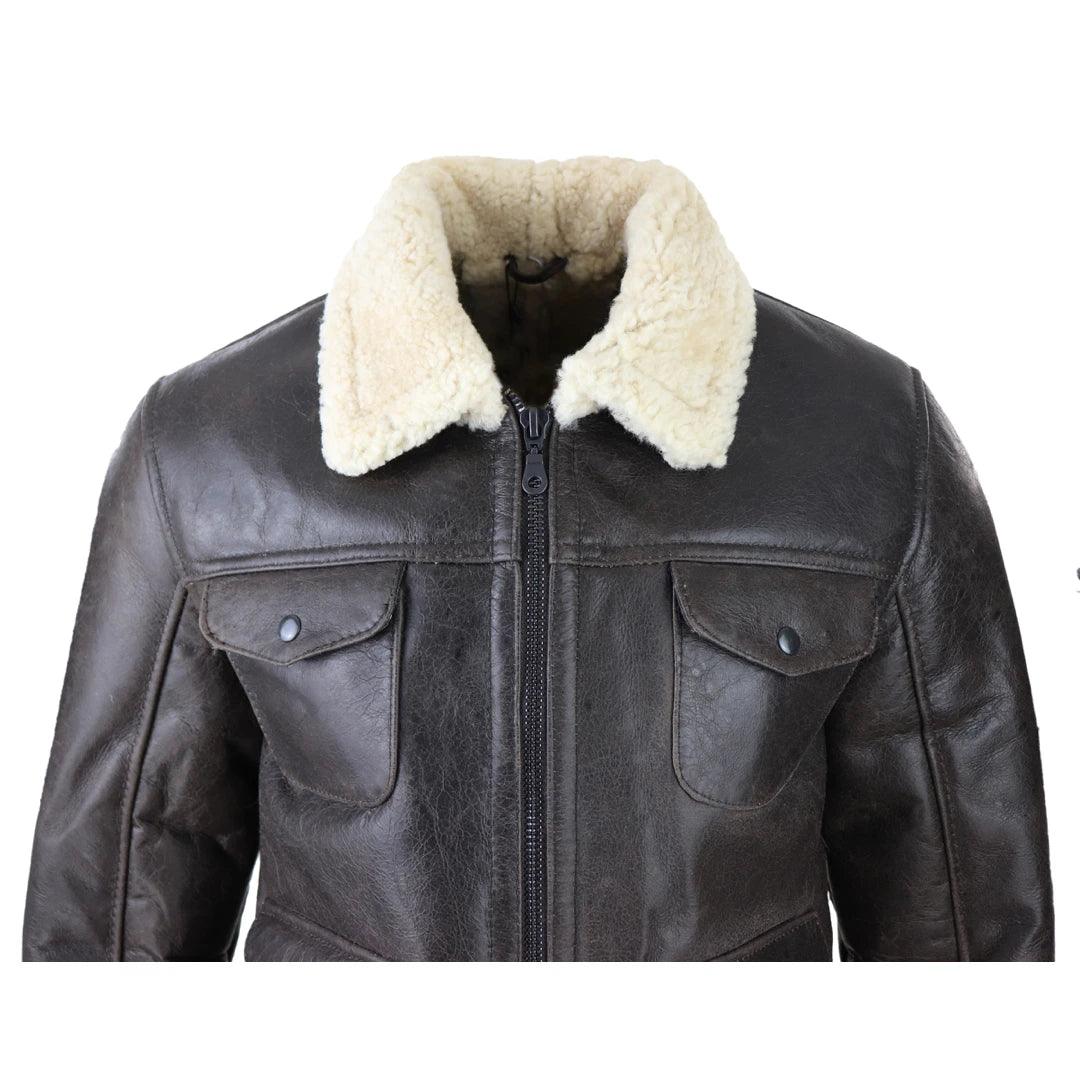 Mens Sherling Sheepsking Jacket Genuine Brown Military Warm Winter Brown Cream - Knighthood Store