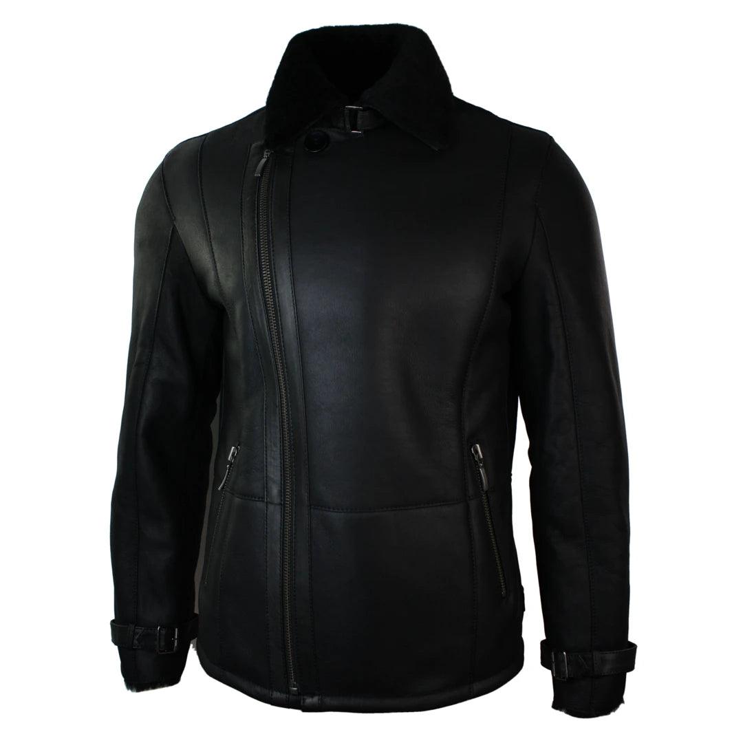 Mens Winter Real Sheepskin Black Mid Length Fitted Designer Jacket Cross Zip - Knighthood Store
