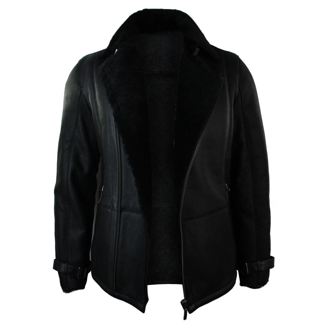 Mens Winter Real Sheepskin Black Mid Length Fitted Designer Jacket Cross Zip - Knighthood Store