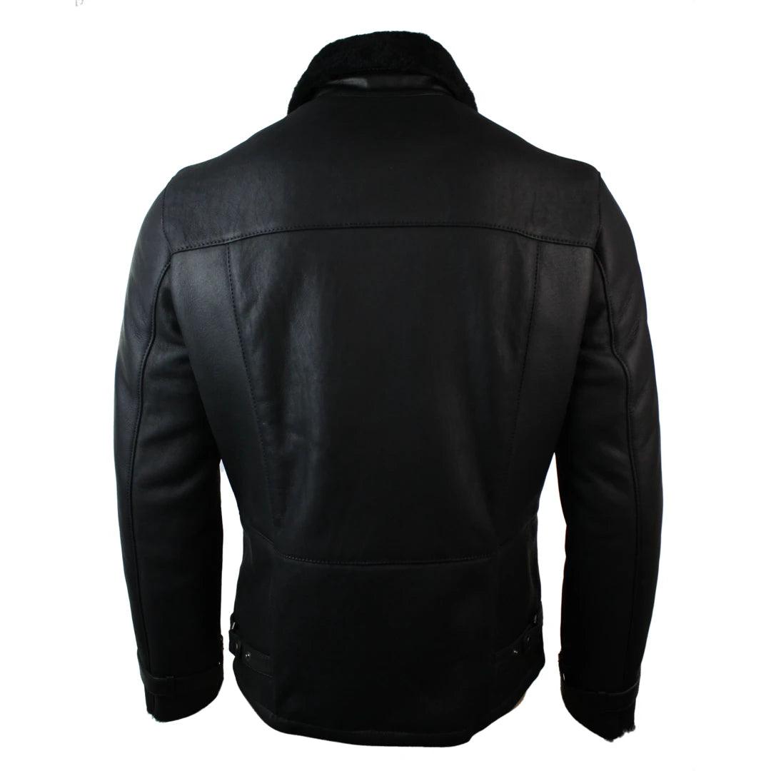 Mens Winter Real Sheepskin Black Mid Length Fitted Designer Jacket Cross Zip - Knighthood Store