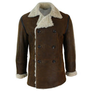 Mens Real Shearling German Navy Sheepskin Double Breasted Jacket Vintage Brown - Knighthood Store
