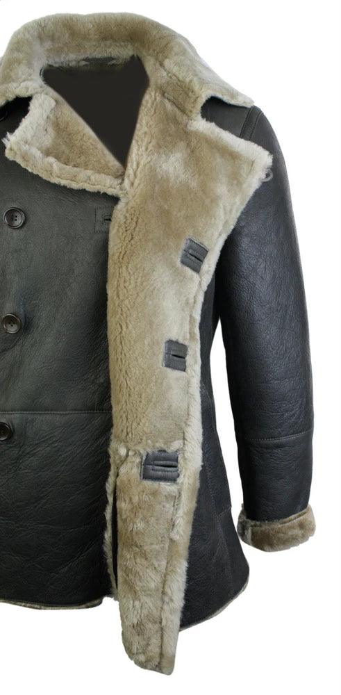 Mens Real Shearling German Navy Sheepskin Double Breasted Jacket Vintage Brown - Knighthood Store