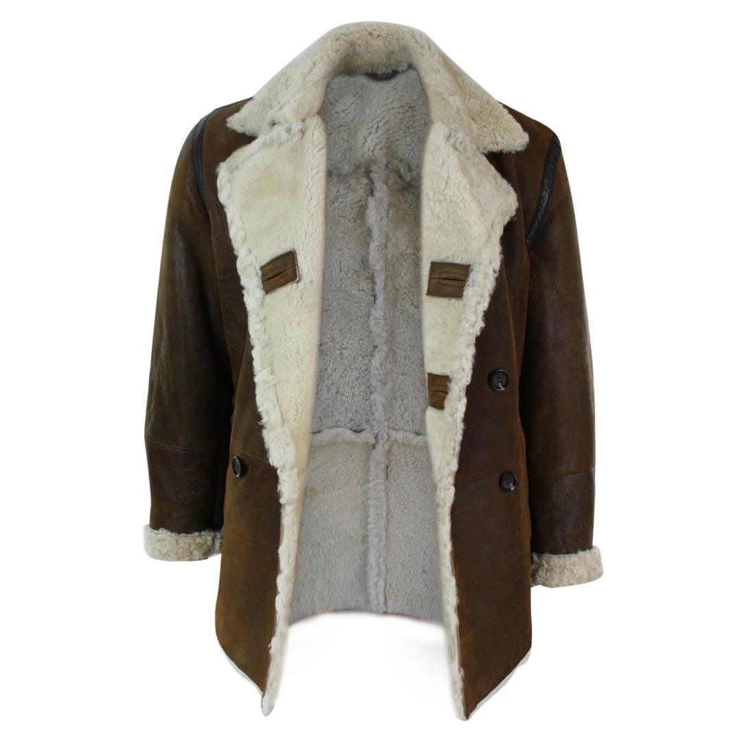 Mens Real Shearling German Navy Sheepskin Double Breasted Jacket Vintage Brown - Knighthood Store