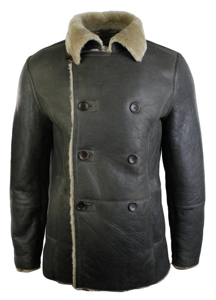 Mens Real Shearling German Navy Sheepskin Double Breasted Jacket Vintage Brown - Knighthood Store