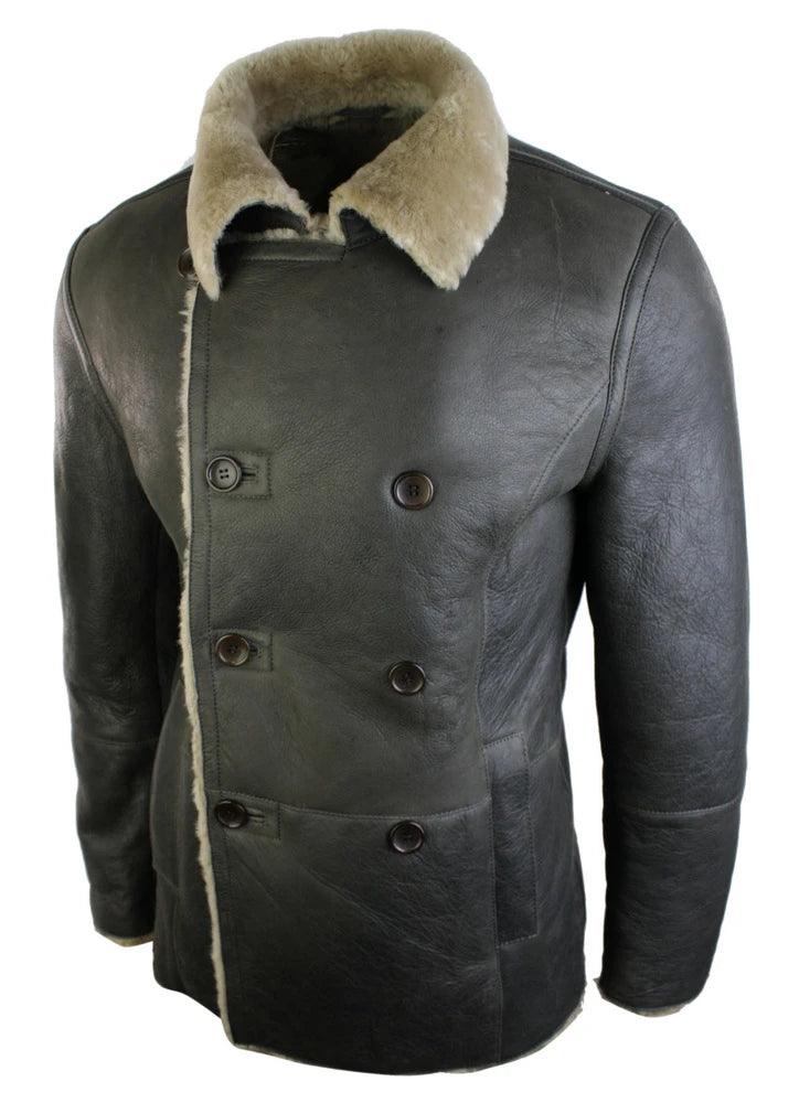 Mens Real Shearling German Navy Sheepskin Double Breasted Jacket Vintage Brown - Knighthood Store