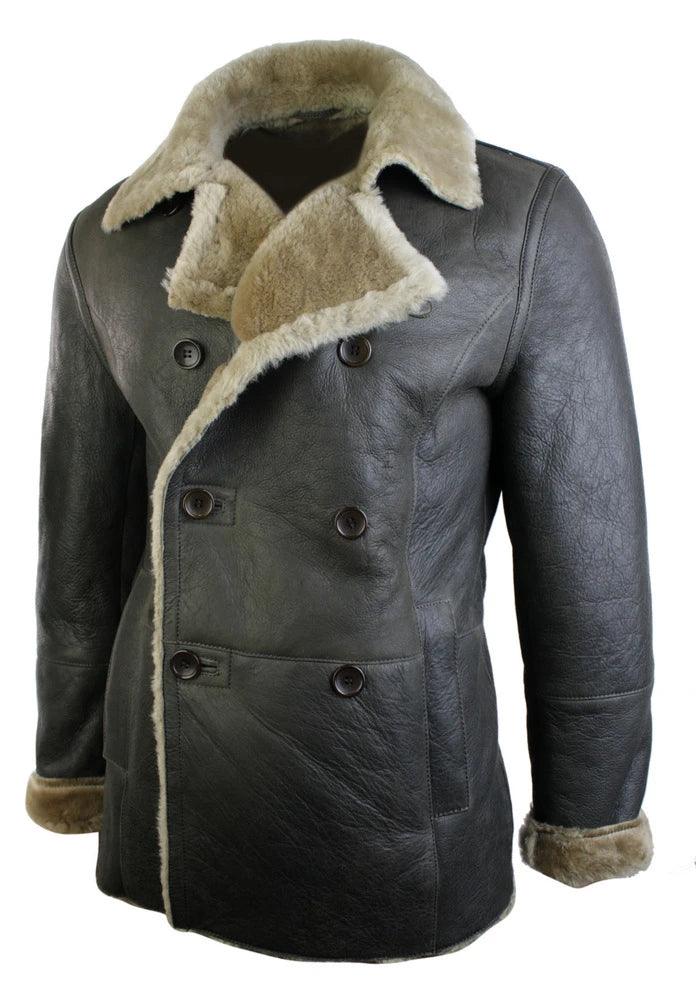 Mens Real Shearling German Navy Sheepskin Double Breasted Jacket Vintage Brown - Knighthood Store