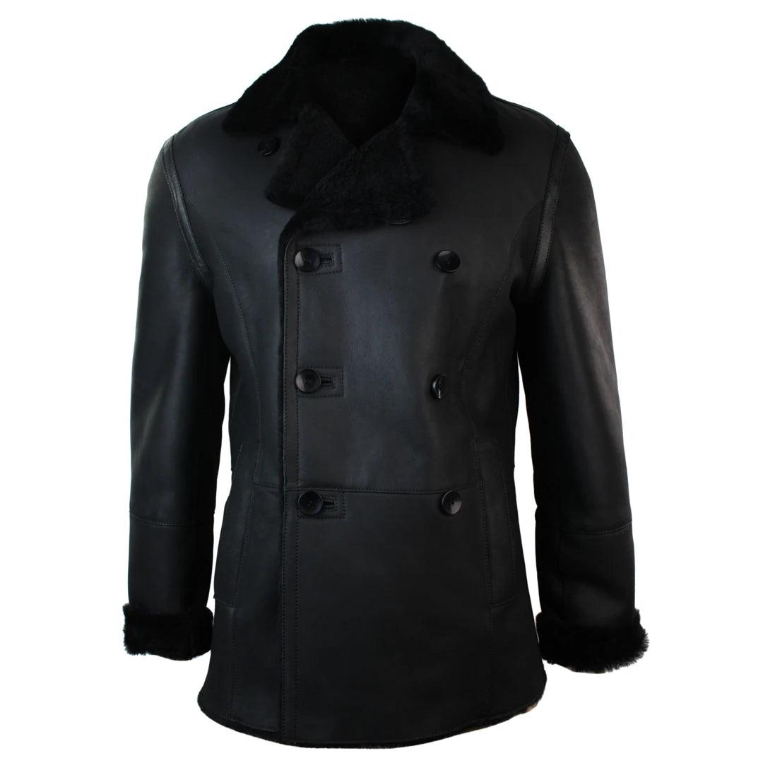 Mens Real Shearling German Navy Sheepskin Double Breasted Jacket Black Fitted - Knighthood Store