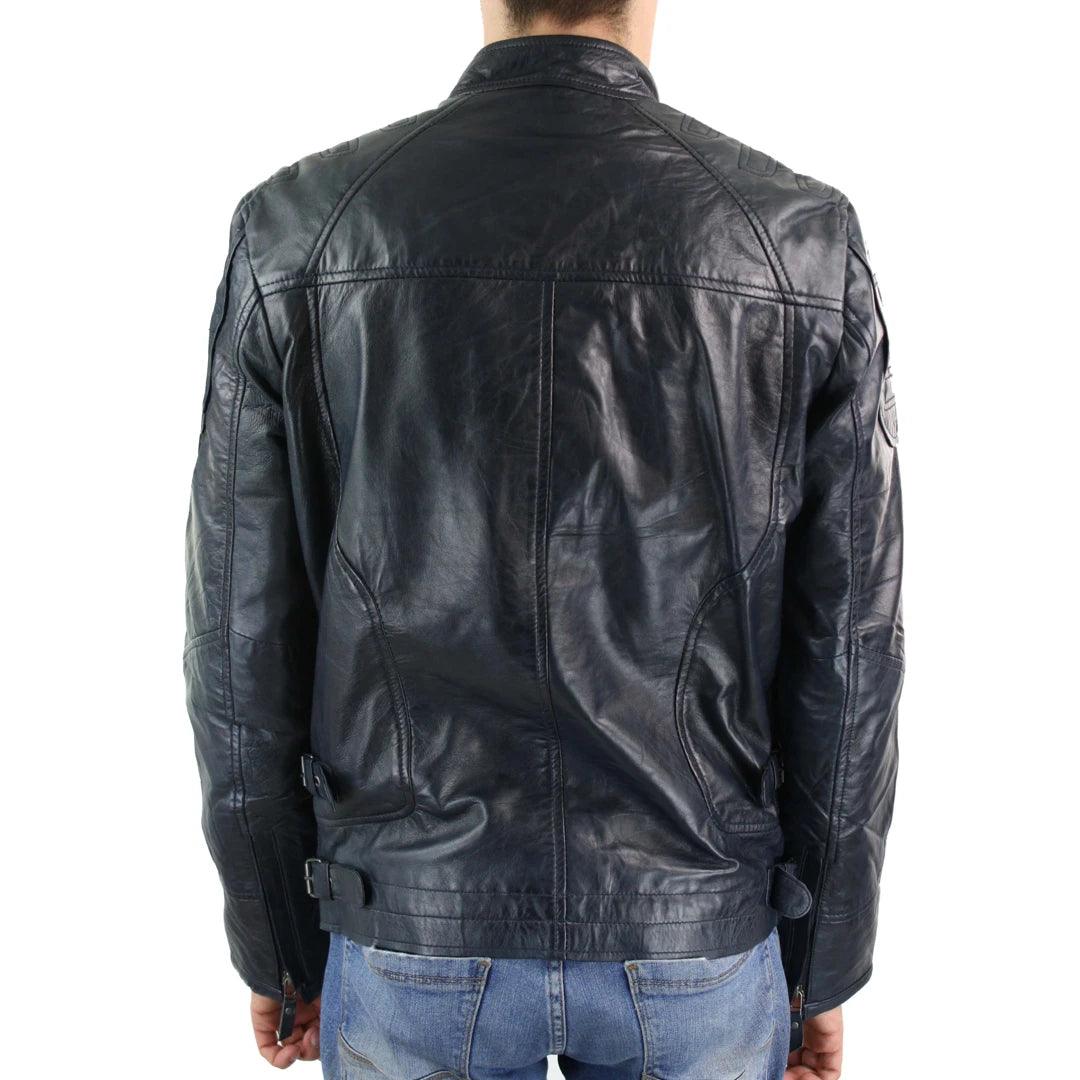 Mens Biker Style Real Leather Blue Black Zipped Jacket Smart Casual Retro Vintage - Knighthood Store