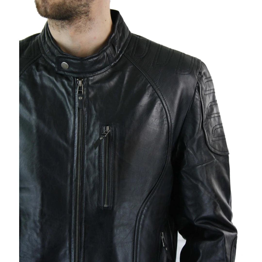 Mens Biker Style Real Leather Blue Black Zipped Jacket Smart Casual Retro Vintage - Knighthood Store