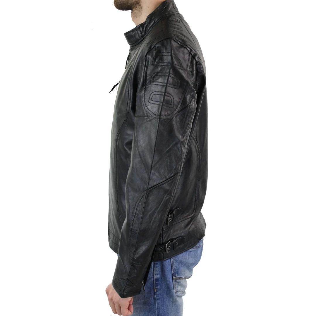 Mens Biker Style Real Leather Blue Black Zipped Jacket Smart Casual Retro Vintage - Knighthood Store