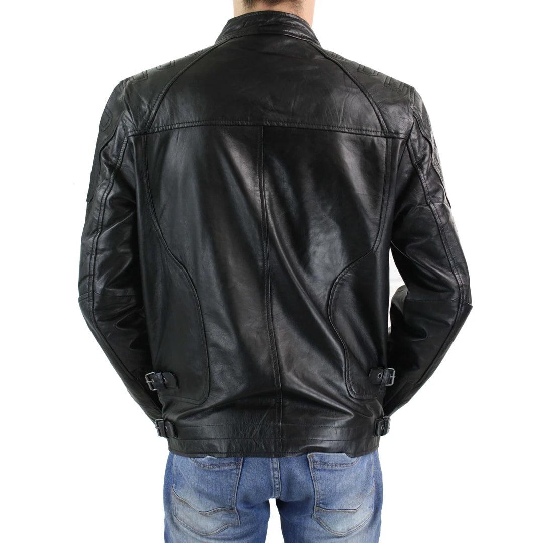 Mens Biker Style Real Leather Blue Black Zipped Jacket Smart Casual Retro Vintage - Knighthood Store