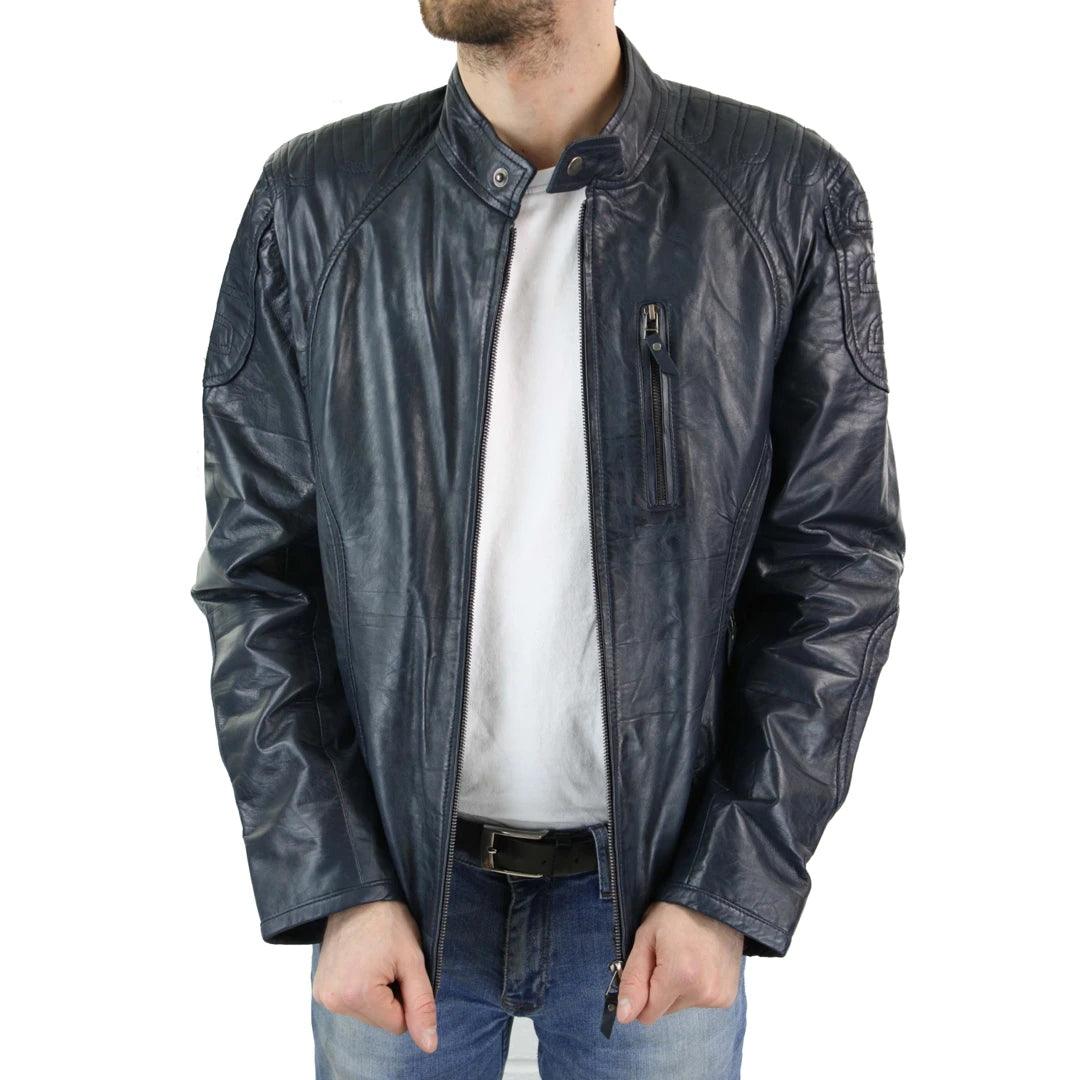Mens Biker Style Real Leather Blue Black Zipped Jacket Smart Casual Retro Vintage - Knighthood Store