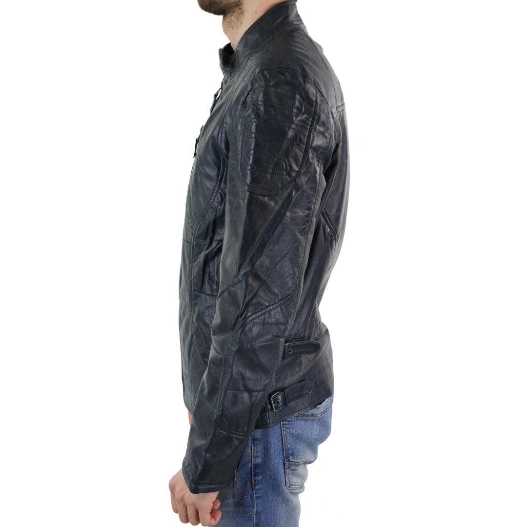 Mens Biker Style Real Leather Blue Black Zipped Jacket Smart Casual Retro Vintage - Knighthood Store