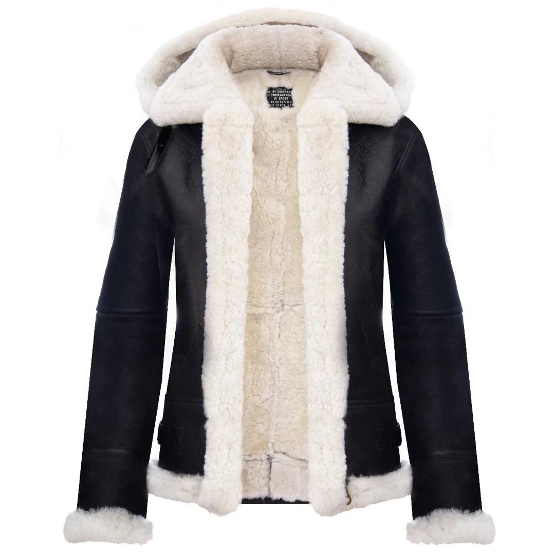Ladies Aviator White Brown Hooded Real Shearling Sheepskin Leather Jacket - Knighthood Store