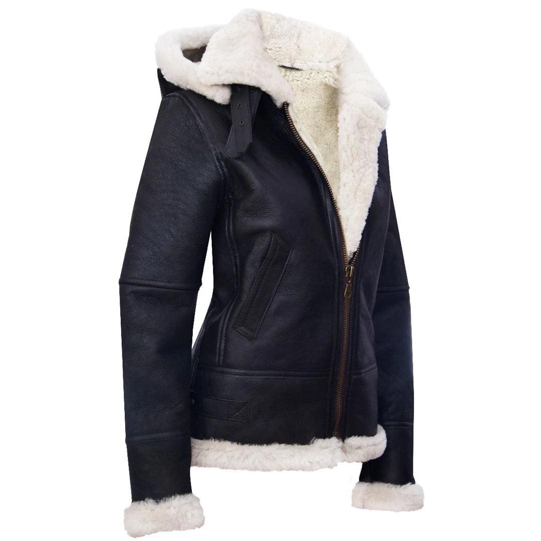 Ladies Aviator White Brown Hooded Real Shearling Sheepskin Leather Jacket - Knighthood Store