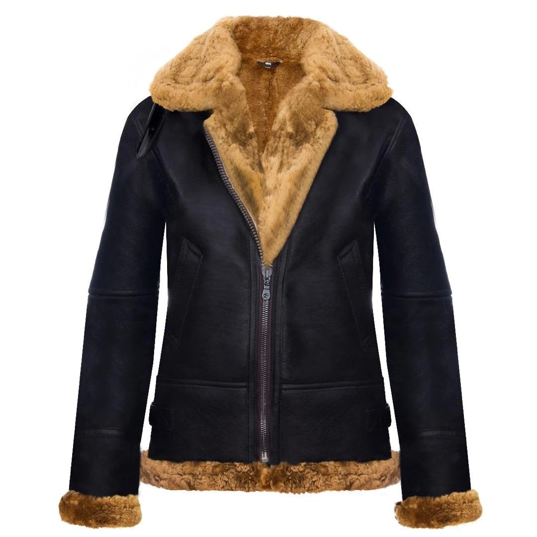 Ladies Aviator New Ginger Women's Hooded Real Shearling Sheepskin Leather Jacket - Knighthood Store