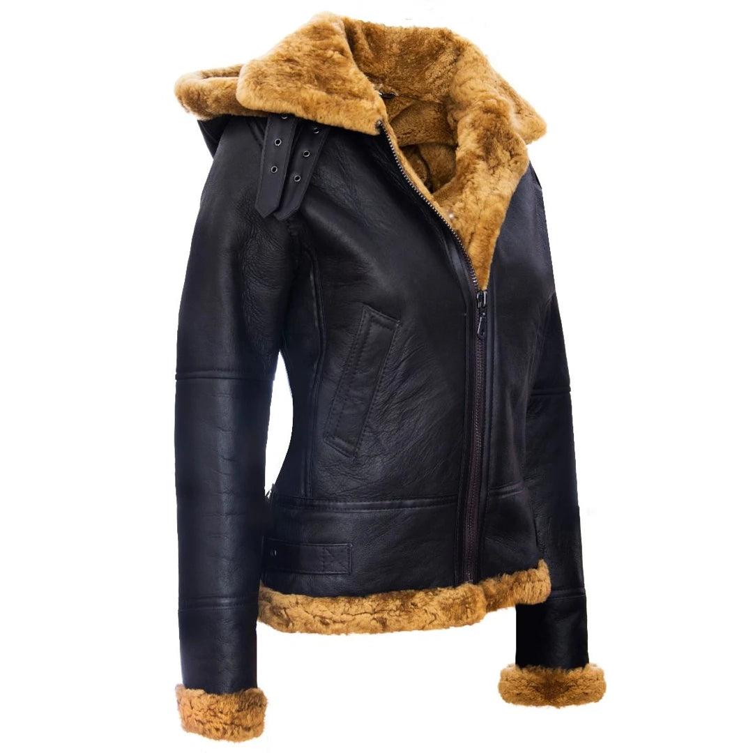 Ladies Aviator New Ginger Women's Hooded Real Shearling Sheepskin Leather Jacket - Knighthood Store