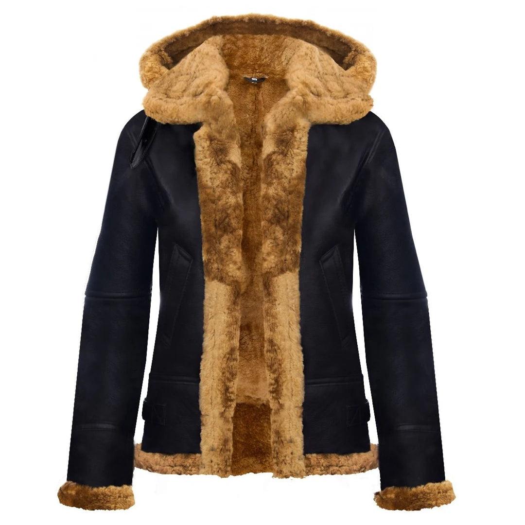 Ladies Aviator New Ginger Women's Hooded Real Shearling Sheepskin Leather Jacket - Knighthood Store
