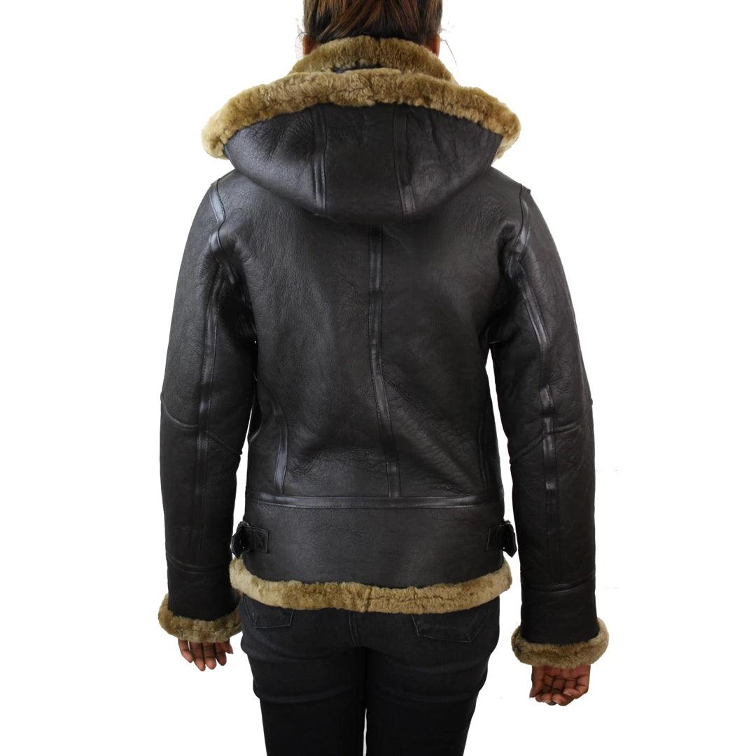 Ladies Aviator New Ginger Women's Hooded Real Shearling Sheepskin Leather Jacket - Knighthood Store