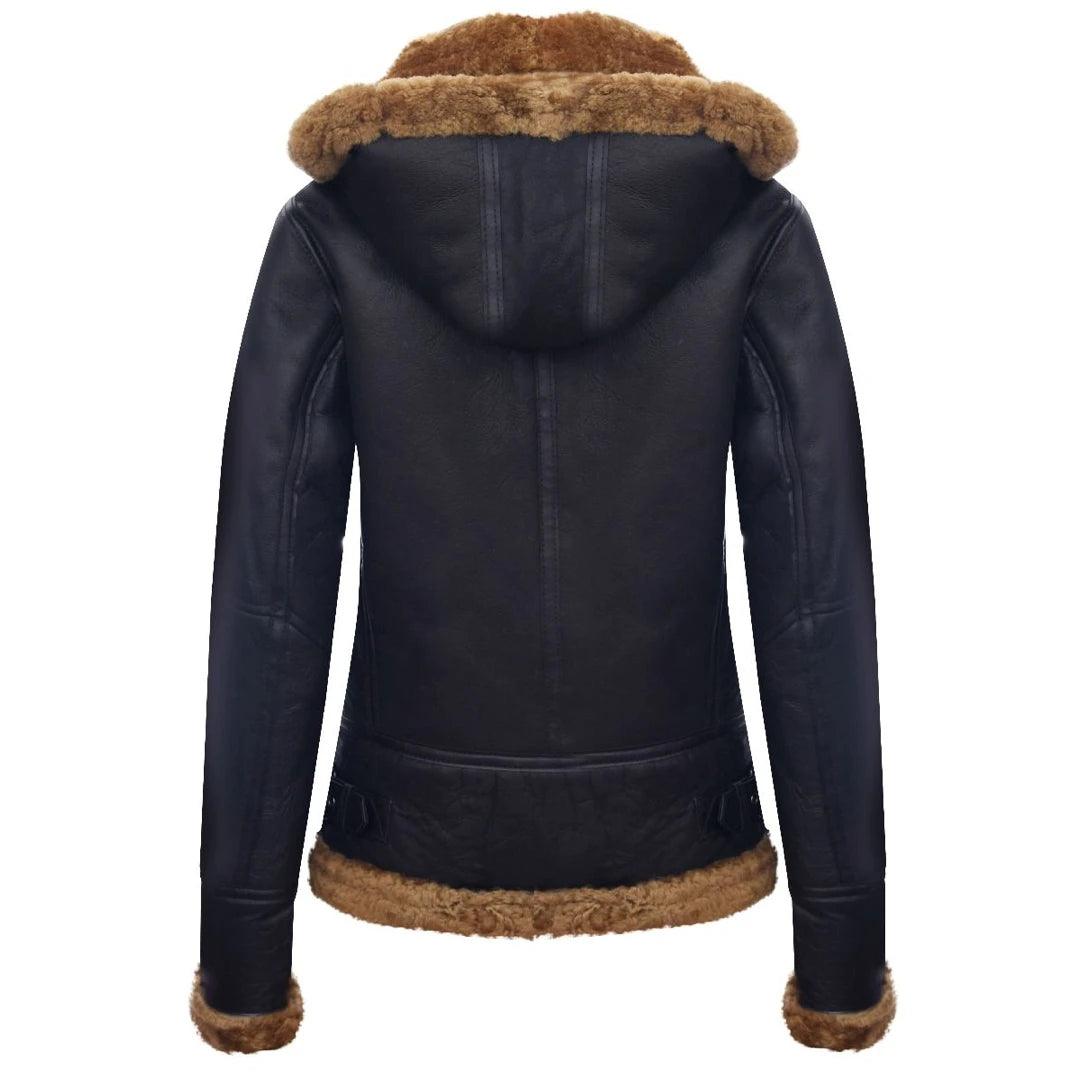 Ladies Aviator New Ginger Women's Hooded Real Shearling Sheepskin Leather Jacket - Knighthood Store