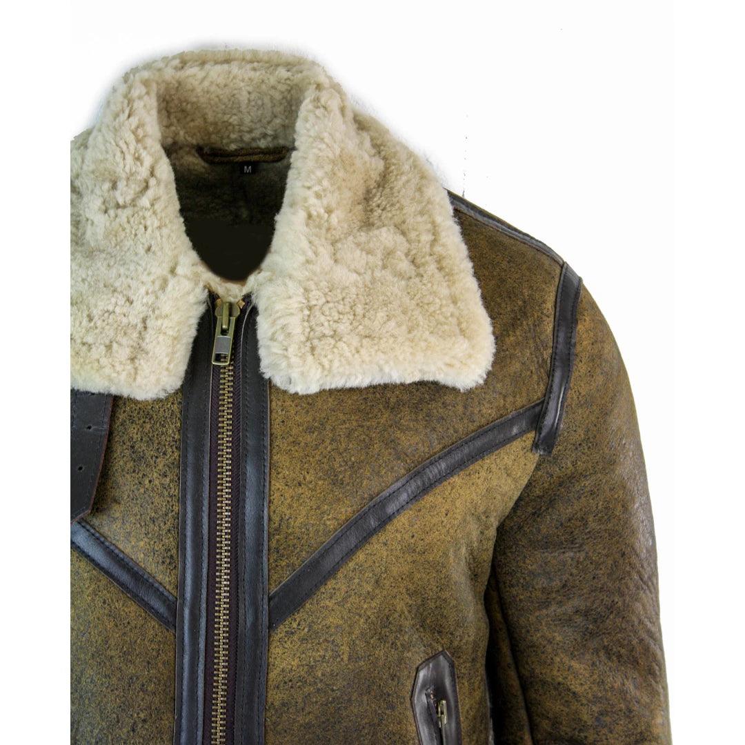 Mens Sherling Real Sheepskin Leather Viking Vintage RAF Jacket Brown Cream Fur - Knighthood Store