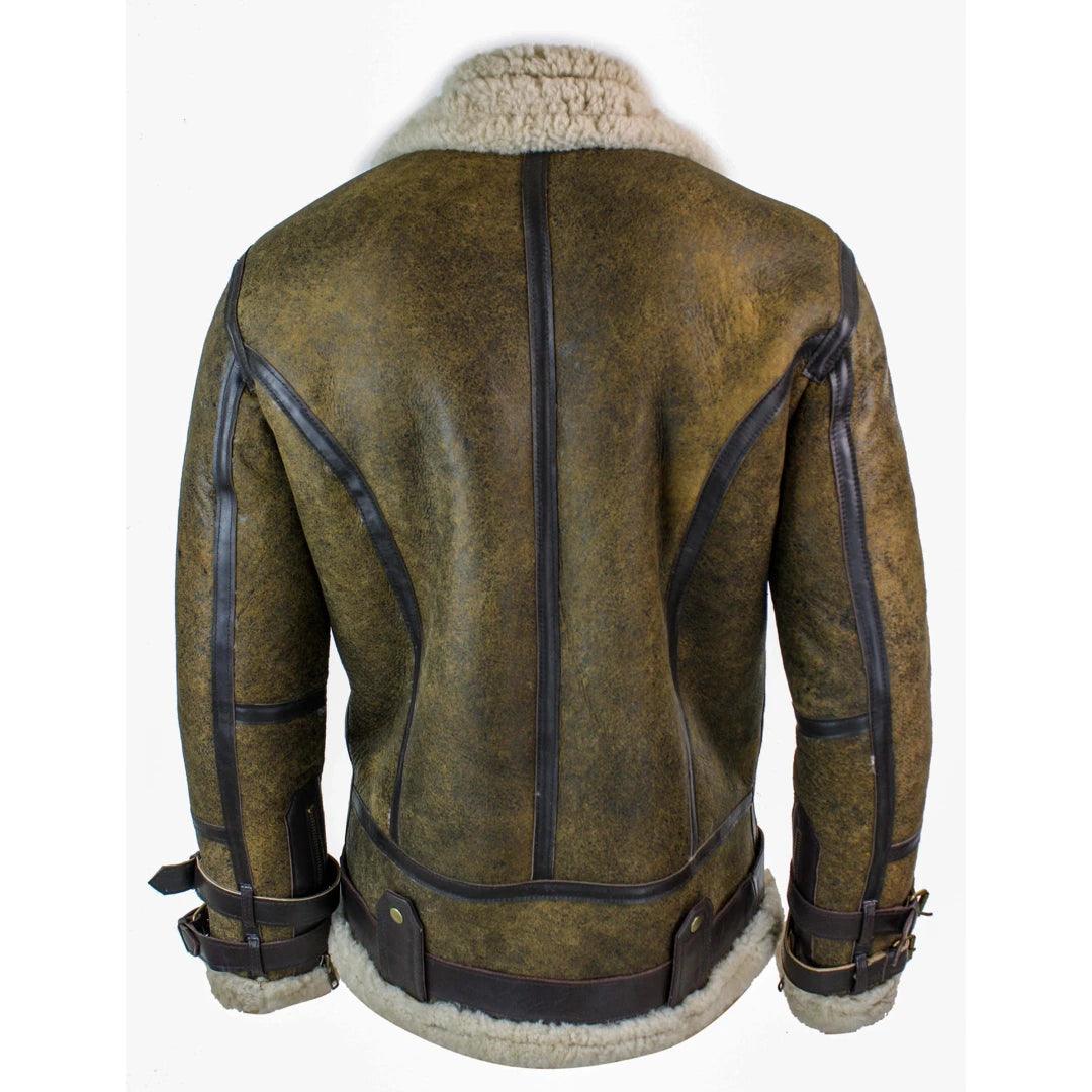 Mens Sherling Real Sheepskin Leather Viking Vintage RAF Jacket Brown Cream Fur - Knighthood Store