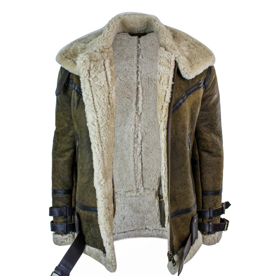 Mens Sherling Real Sheepskin Leather Viking Vintage RAF Jacket Brown Cream Fur - Knighthood Store