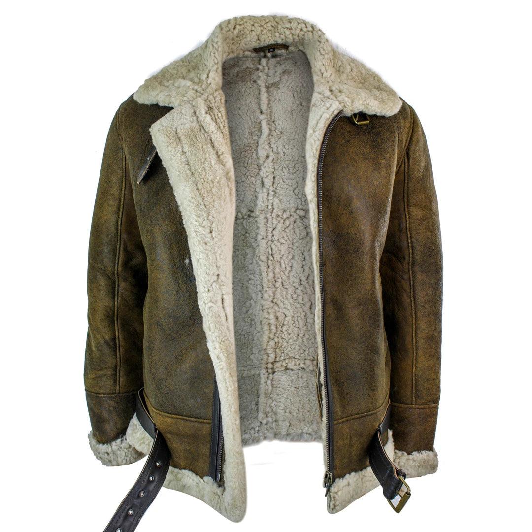 Mens Vintage Antique Sherling Sheepskin Cream Fur Air Force Pilot RAF Jacket - Knighthood Store