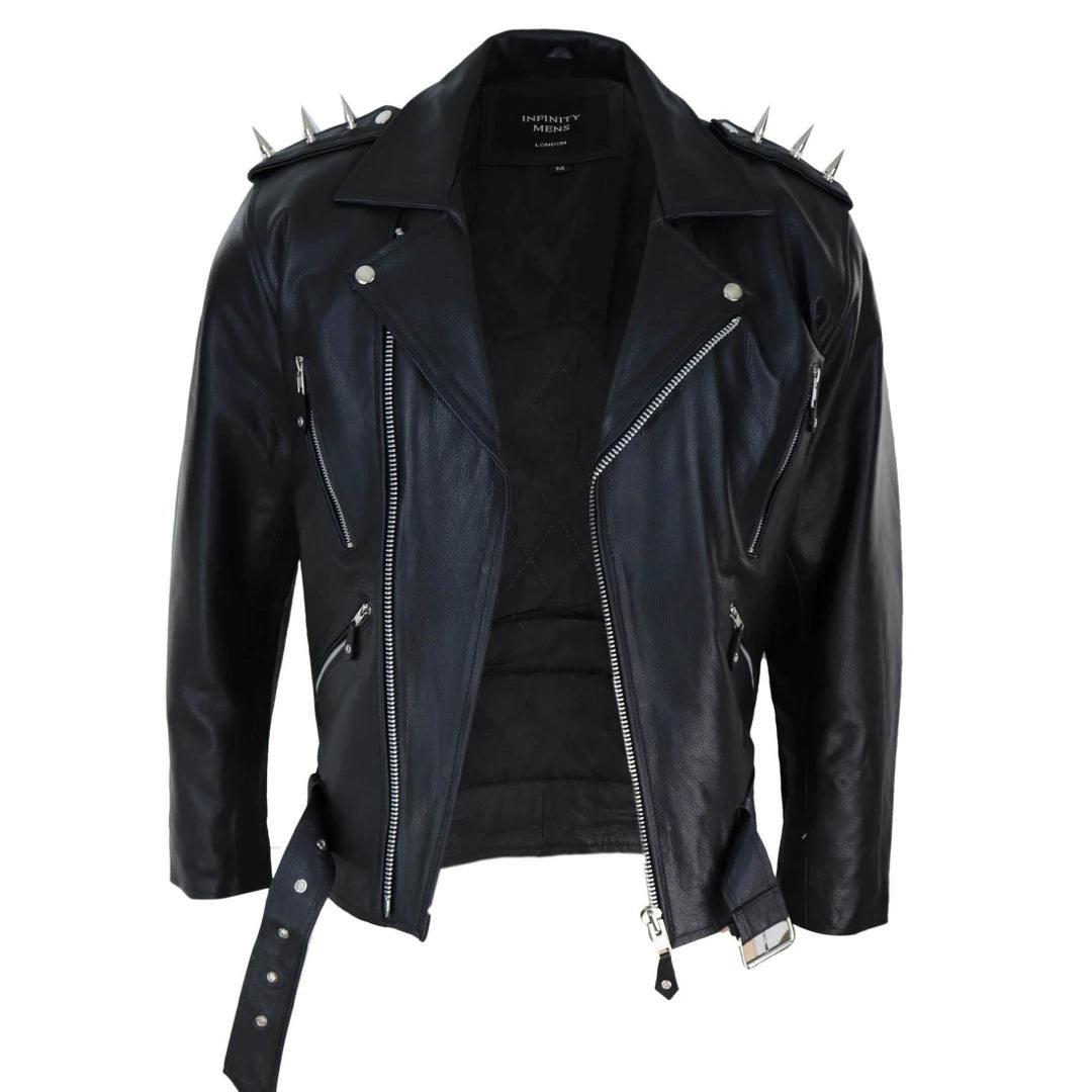 Mens Spike Hide Original Cross Zip Brando Biker Motorcycle Real Leather Jacket - Knighthood Store