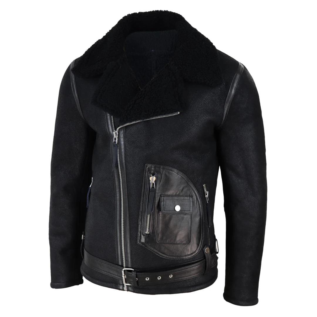 Mens Vintage Real Sheepskin Cross Zip Flying Jacket Pilot Flight Belt Fit Brando - Knighthood Store