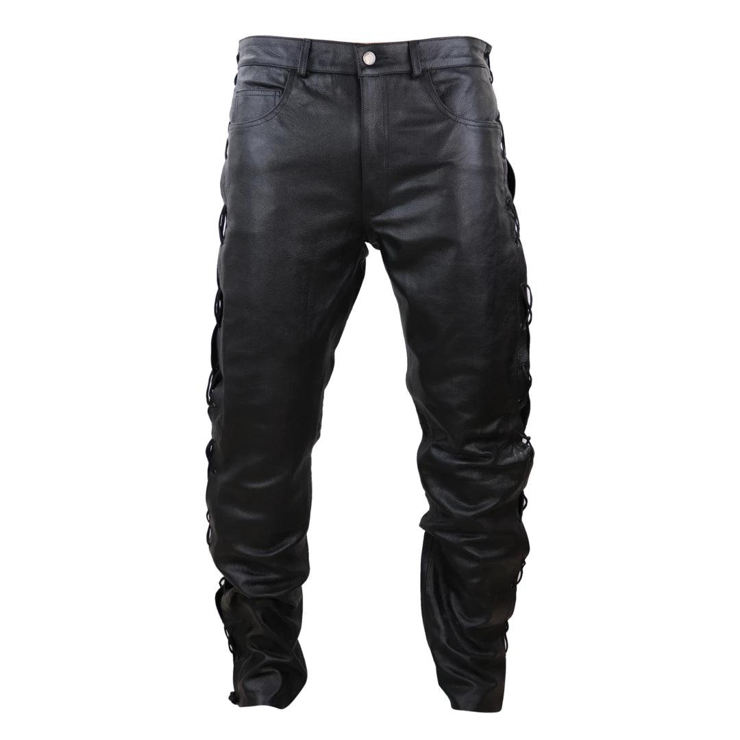 Mens Real Leather Biker Jeans Laced Tassel Western Cowboy Riding Pants Trousers - Knighthood Store