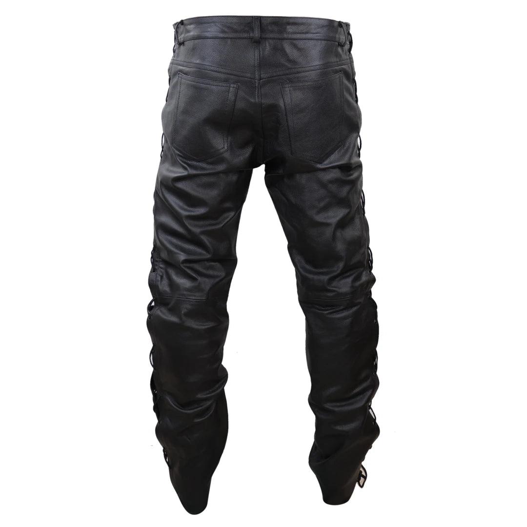 Mens Real Leather Biker Jeans Laced Tassel Western Cowboy Riding Pants Trousers - Knighthood Store
