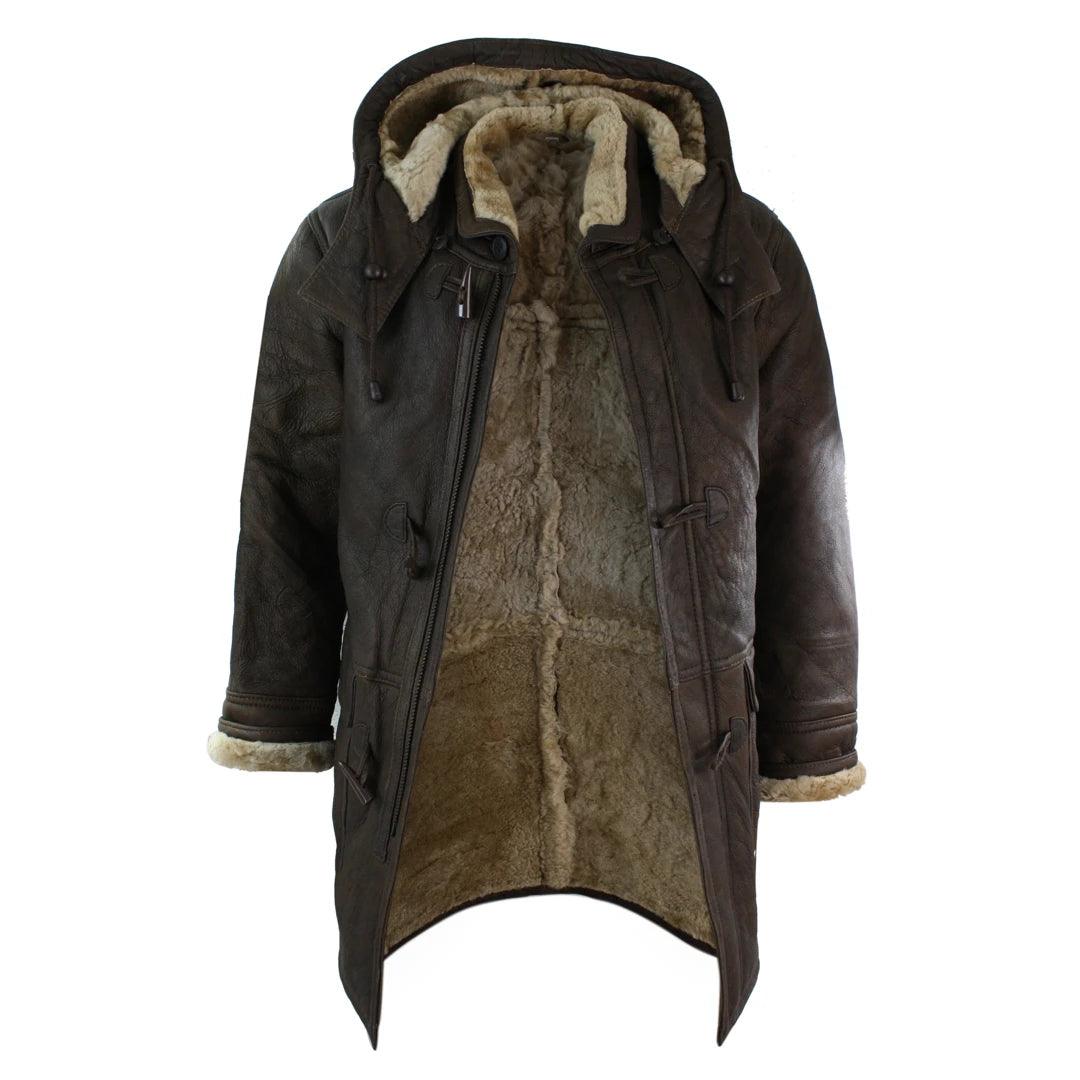 Mens Winter Real Sheepskin Leather Duffle Safari Jacket Tan ginger & Ginger Hood - Knighthood Store