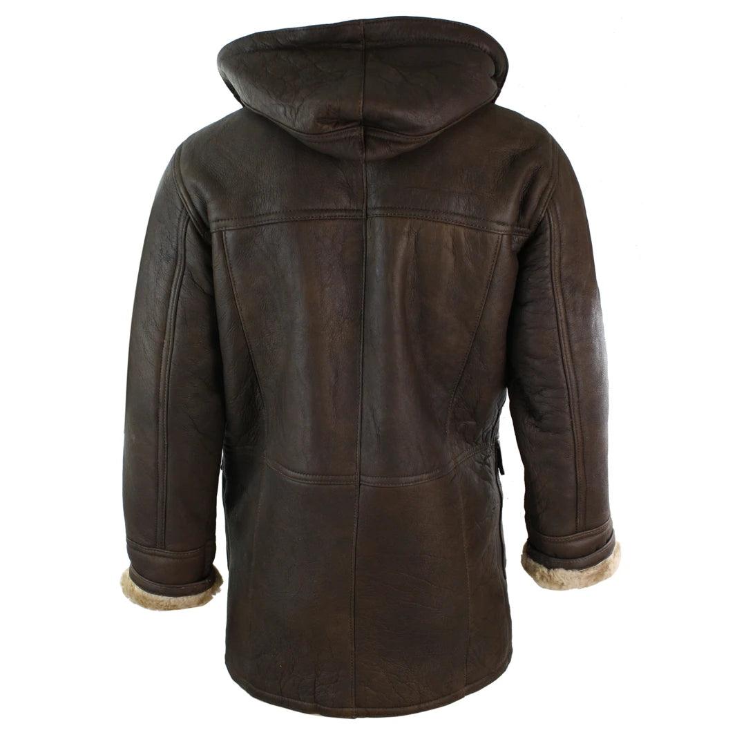 Mens Winter Real Sheepskin Leather Duffle Safari Jacket Tan ginger & Ginger Hood - Knighthood Store