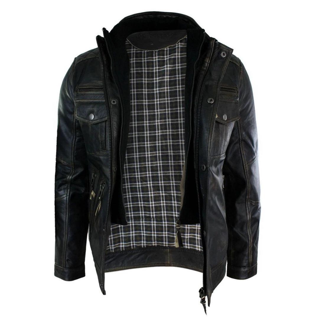 Mens Distressed Ruboff Black Brown Vintage Retro Military Leather Jacket Casual - Knighthood Store