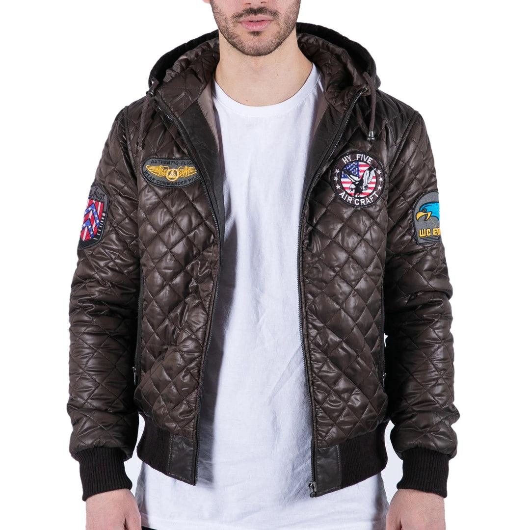 Mens Quilted Hooded Puffer Jacket Brown Badge Bomber Pilot Air Force - Knighthood Store