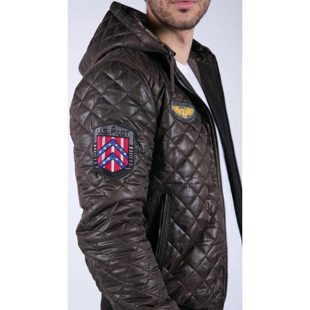 Mens Quilted Hooded Puffer Jacket Brown Badge Bomber Pilot Air Force - Knighthood Store
