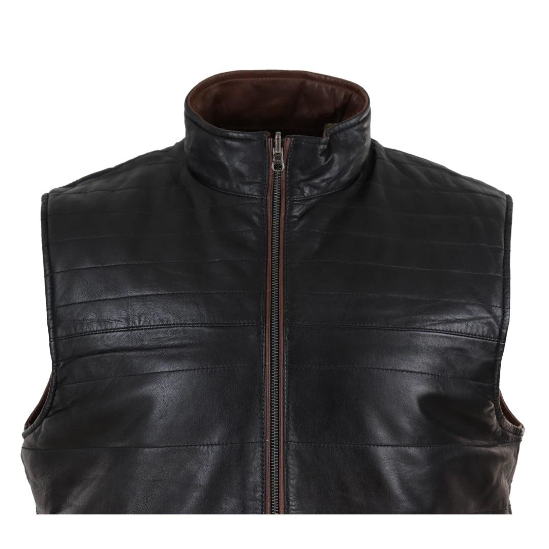 Mens Real Leather Black Brown Waistcoat Gilet Reversible Vest Smart Casual - Knighthood Store